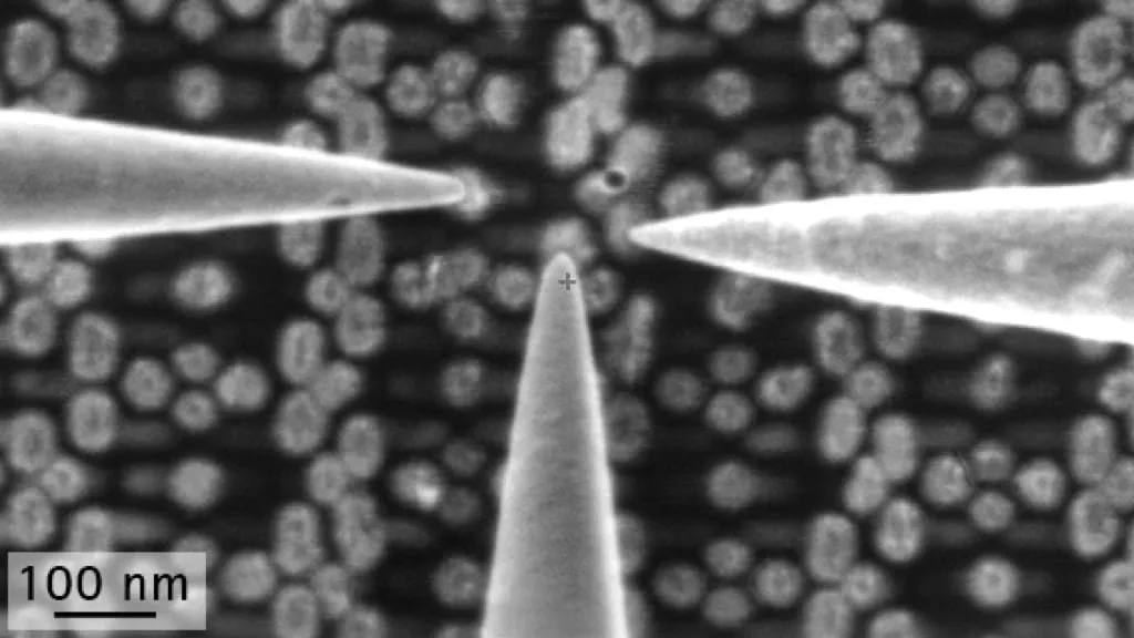 SEM image of three probe tips landed around a central point on a patterned chip surface, 100 nm scale bar.
