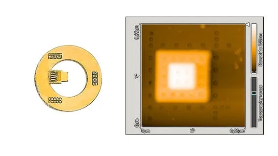 The needle/probe-tip plug-in on its gold flex-circuit disc, beside an AFM topography scan of a square test structure.