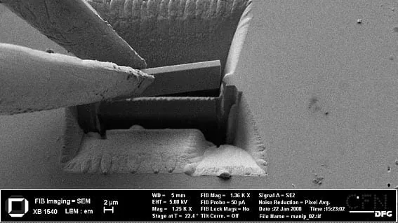 FIB image of the MGS2 jaws gripping a rectangular lamella freed from a trench, 2 µm scale bar.