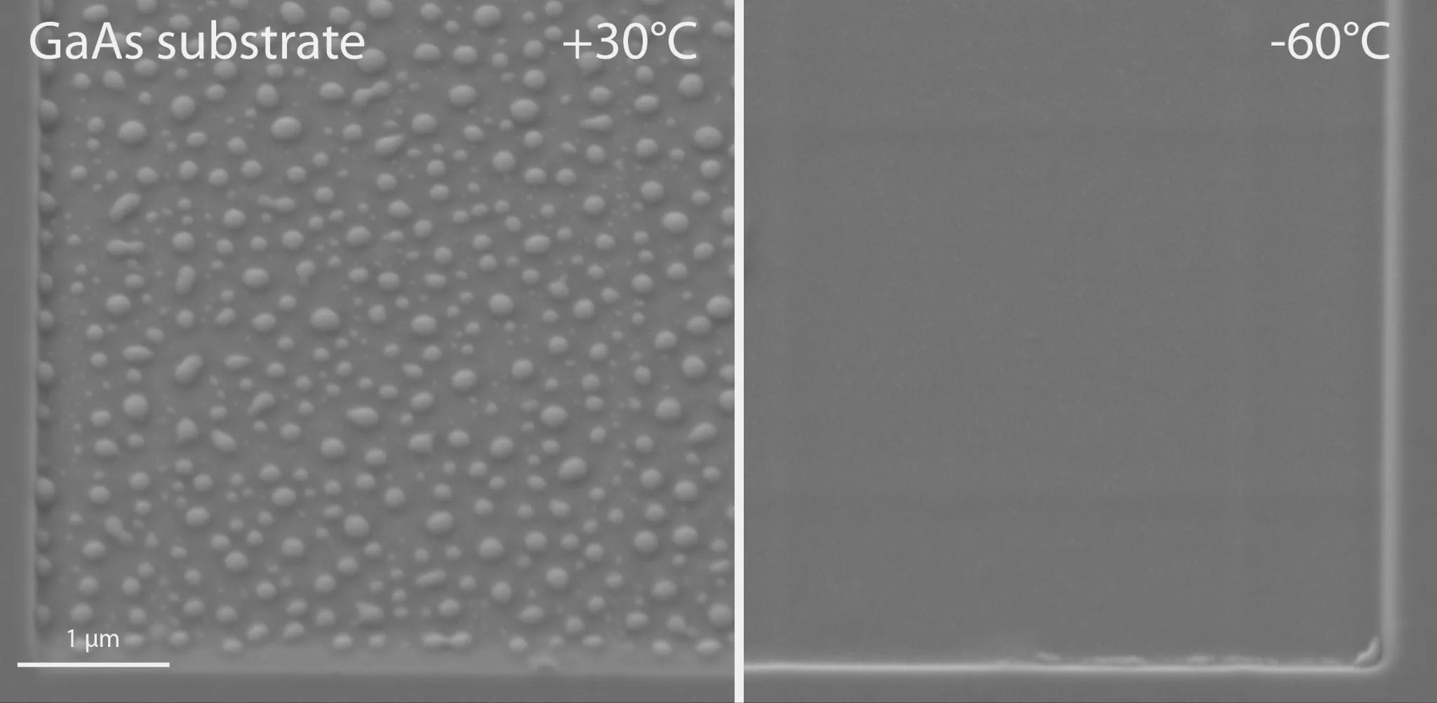Split SEM view of a GaAs substrate at +30 °C, covered in small droplets, and at −60 °C, with the droplets suppressed.